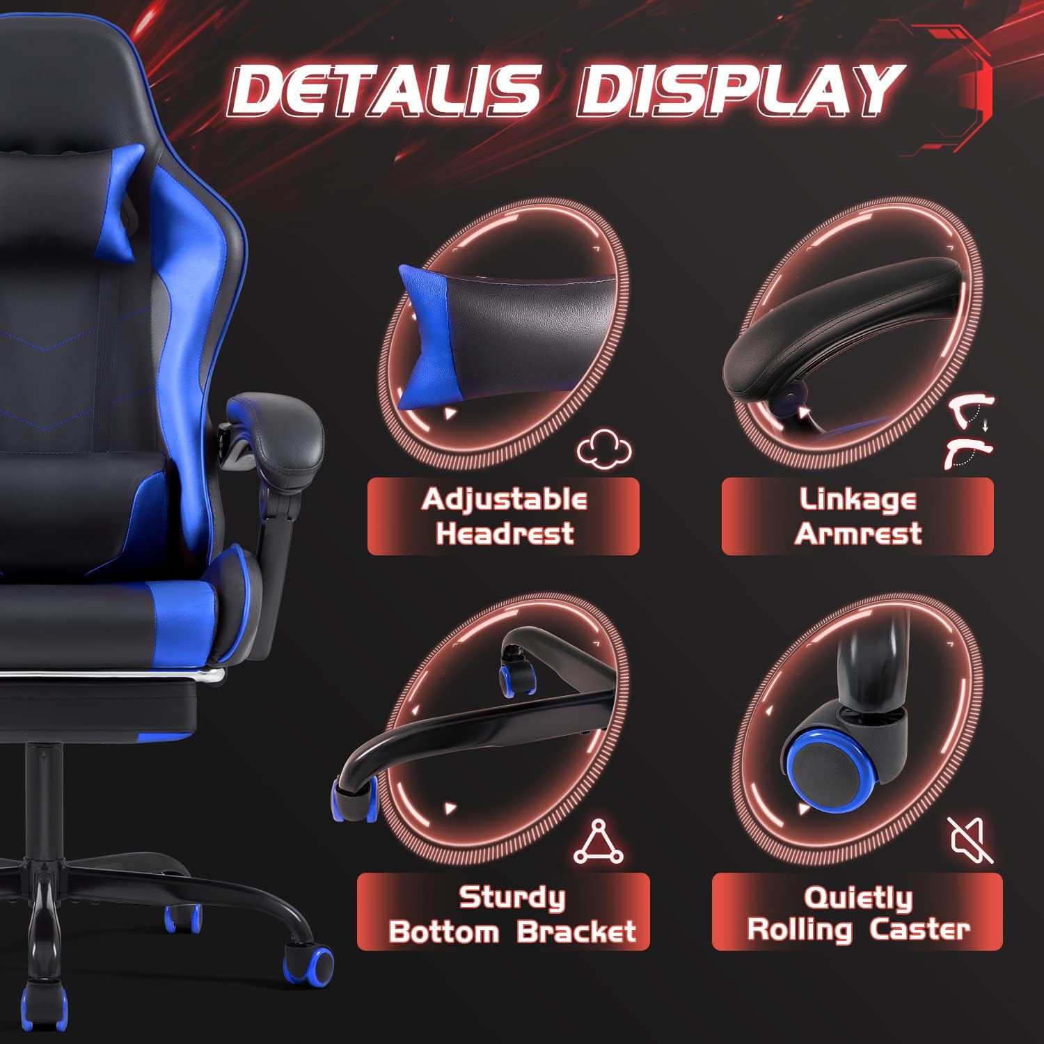 Shahoo Gaming Chair with Footrest and Massage Lumbar Support, Video Game Chairs Height Adjustable Seat with Headrest for Office or Bedroom, Study Room, Dark Blue