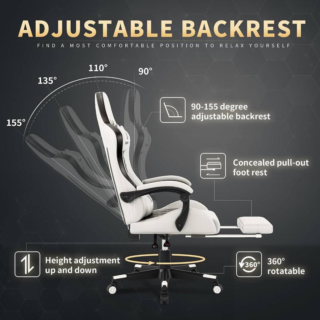 Gaming Chair, 400 lbs Adult Chair, High Back Computer Chair with Footrest and Linked Armrests, Office Video Game Chair with Lumbar Support (White)