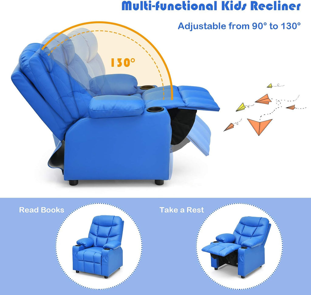 MAT EXPERT Kids Recliner, Leather Adjustable Reading Gaming Chair w/ 2 Cup Holder, 3 Side Pocket Storage & Footrest, Kids Couch Toddler Lounge Chair for Boys Girls, Kids Room Playroom Nursery (Blue)