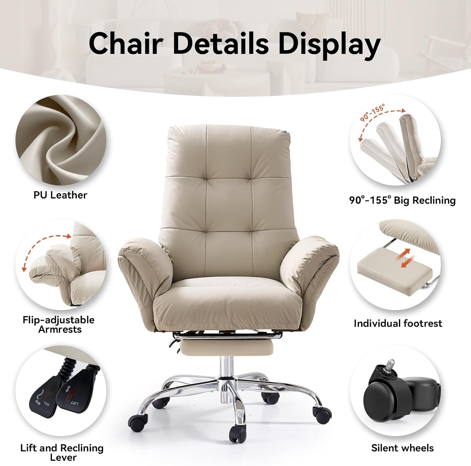 EMIAH Office Chair with Foot Rest Criss Cross Chair with Wheels and Flip-up Arms Reclining Desk Chair Comfy Wide Seat PU Leather Rolling Computer Home Office Chair (Beige)