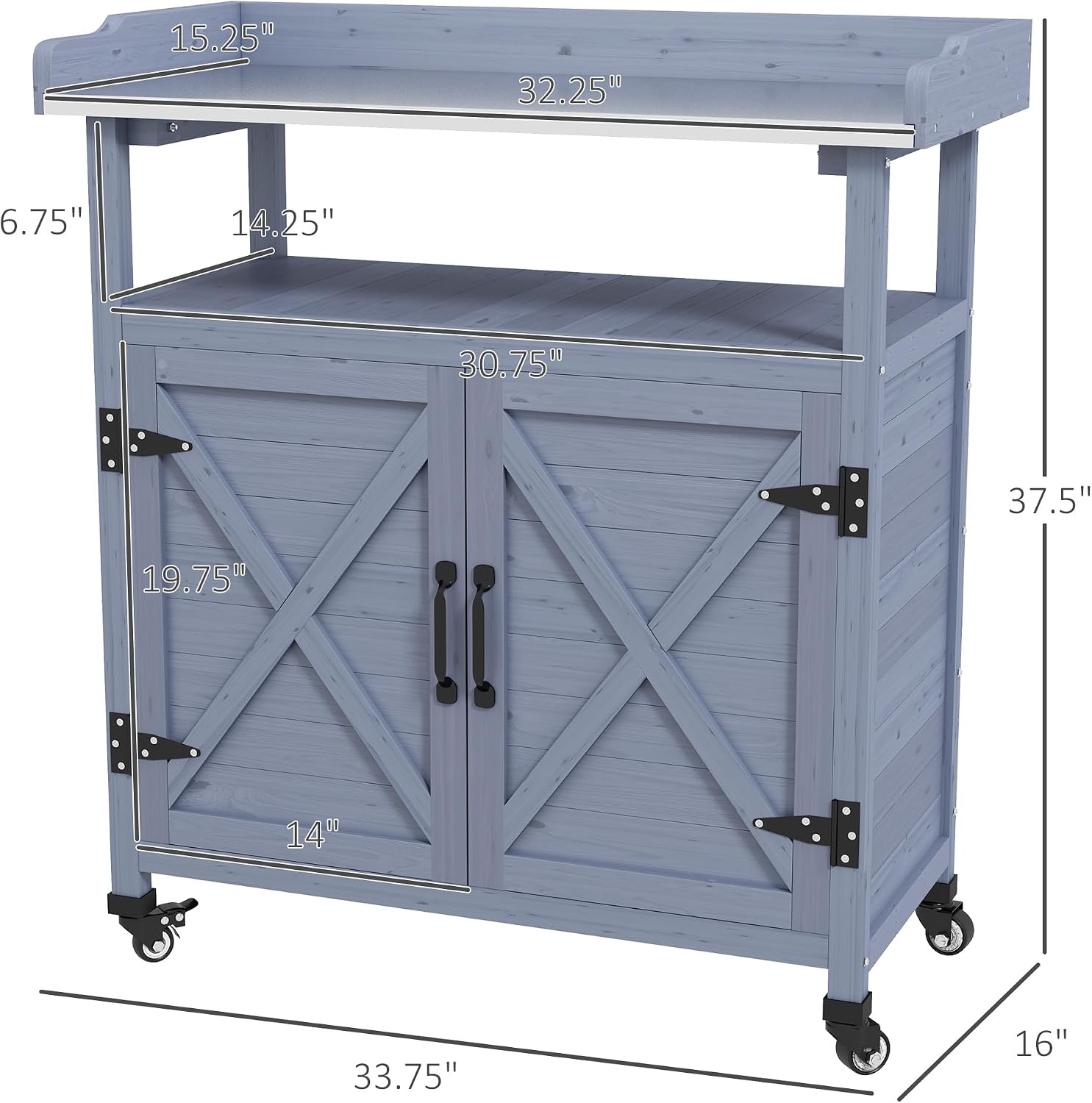 Outsunny Outdoor Wooden Potting Bench Table, Garden Workstation with Storage Cabinet, Aluminum Table Top, Rubber Wheels for Backyard, Patio, Balcony, Gray