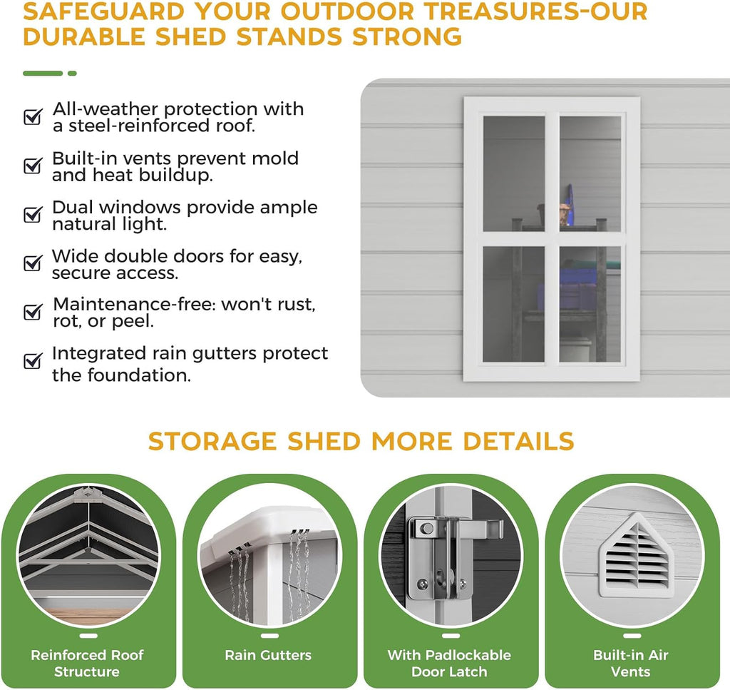 4x6 FT Outdoor Resin Storage Shed with Floor, Upgraded 21-Gauge Steel Frame & 16mm Ultra-Thick Double-Layer Panels, Compact Garden Tool House with Flexible Window & Lockable Door for Patio, Backyard