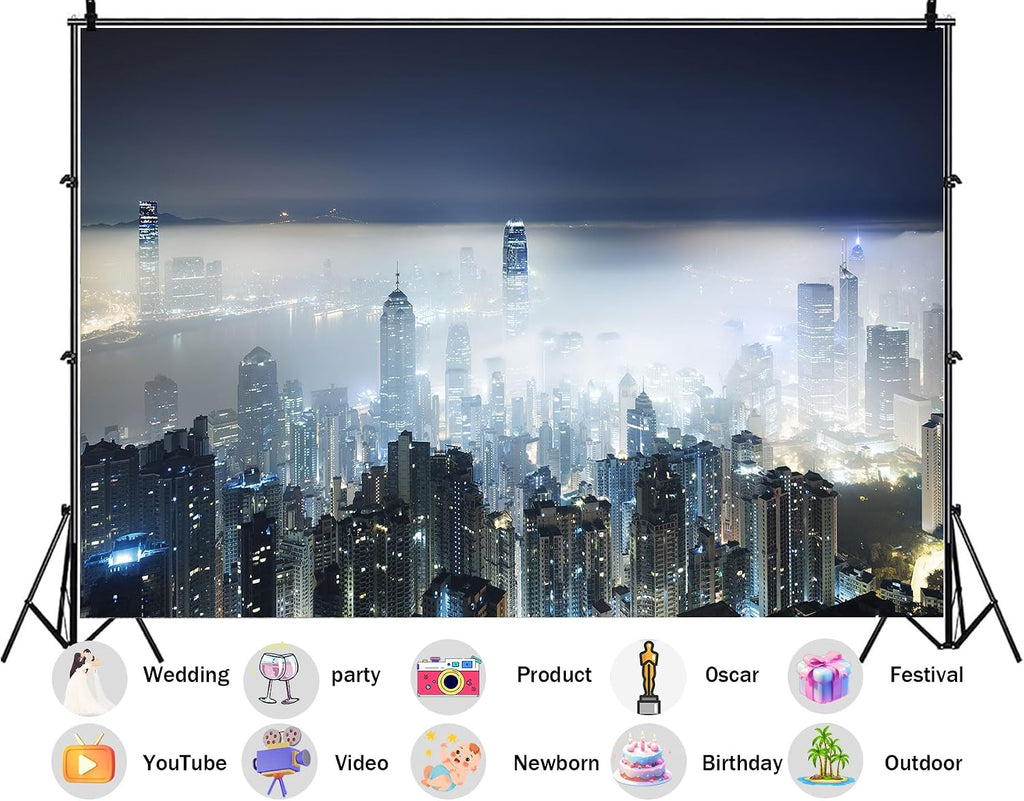20X10ft Fabric Foggy Night City Skyline Backdrop Blue White Misty Skyscraper Background Urban Party Decorations Atmospheric Wall Hanging Tapestry Photo Studio Props