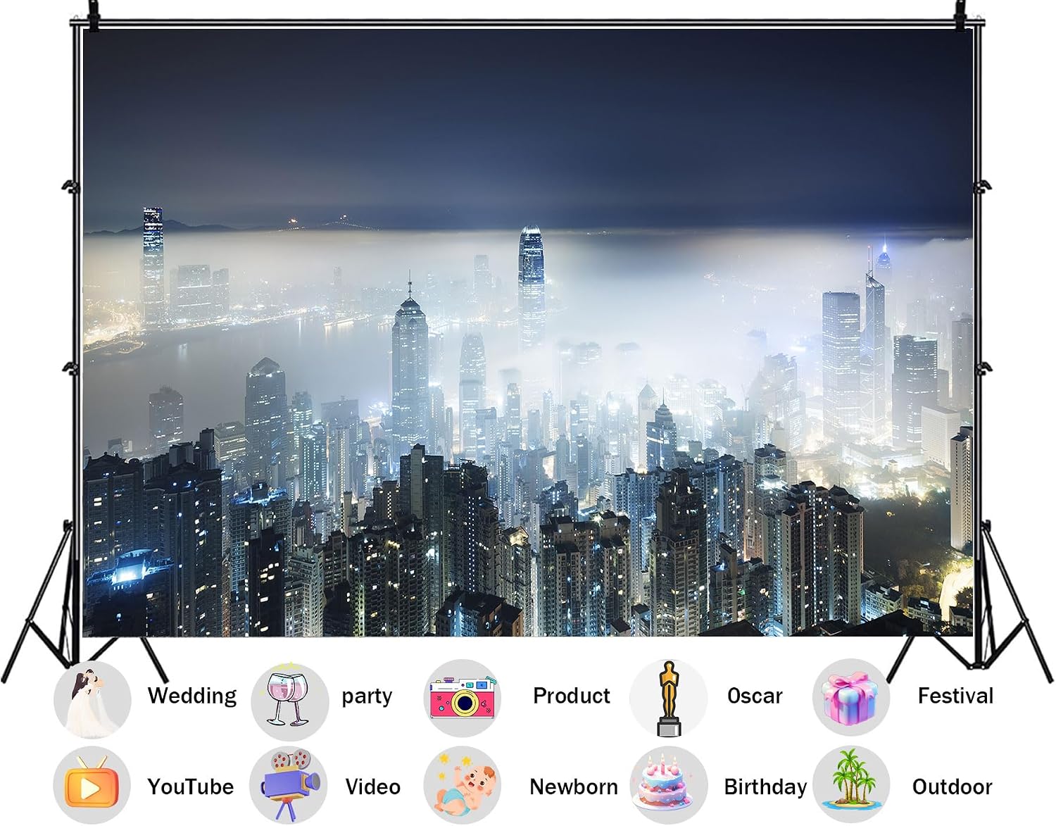 20X10ft Fabric Foggy Night City Skyline Backdrop Blue White Misty Skyscraper Background Urban Party Decorations Atmospheric Wall Hanging Tapestry Photo Studio Props