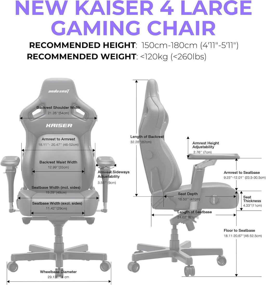 Anda Seat Kaiser 4 Large Gaming Chair for Adults - Ergonomic Black PVC Leather Gaming Seat with 6D Armrest, Comfortable Office Chair with Lumbar Support, Heavy Duty Wide Computer Seat