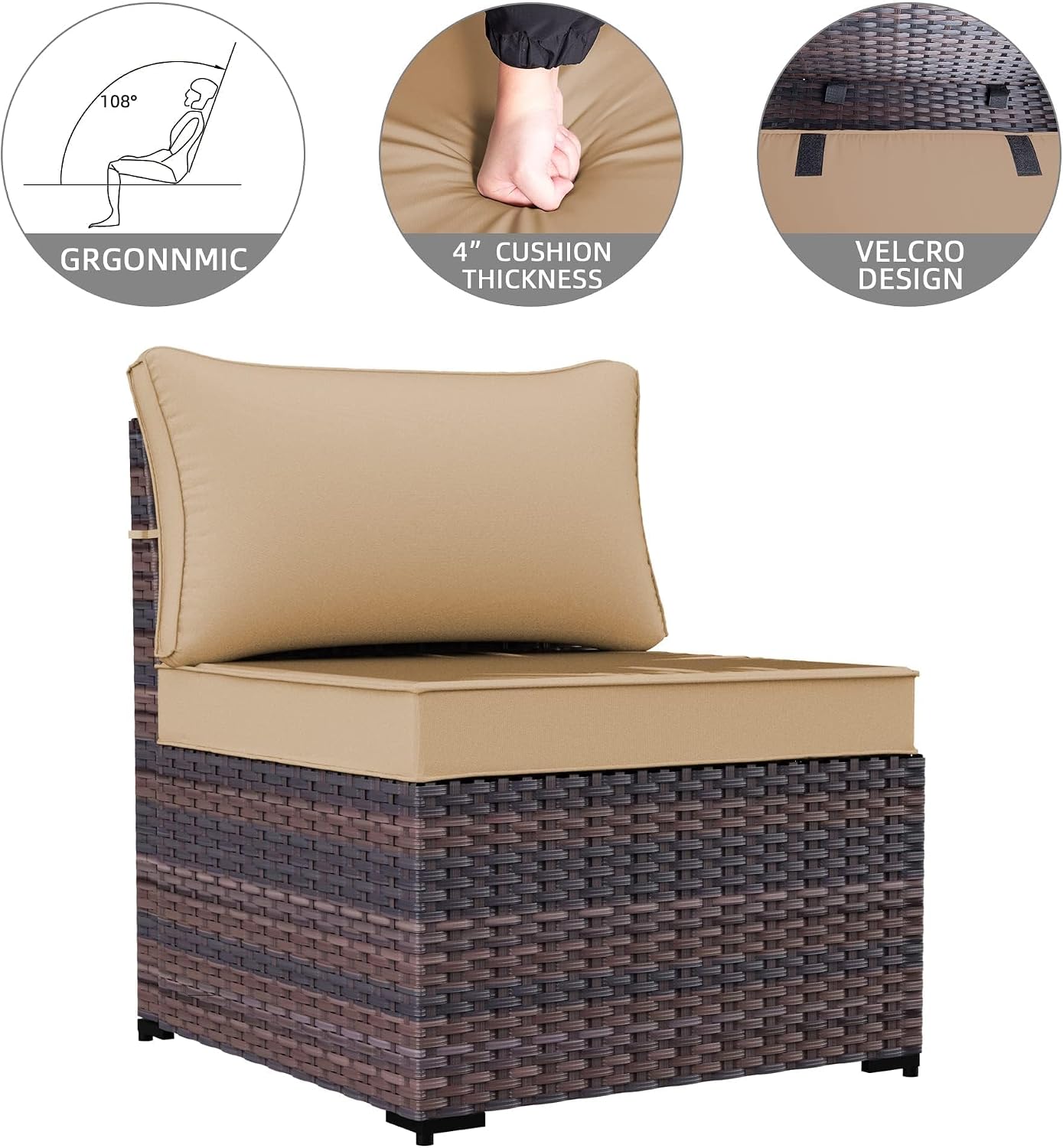 7 Pieces Outdoor Patio Furniture Sets,Wicker Conversation Set Sectional Sofa,Includes 6 All-Weather High Back PE Rattan Seating Components w/Thickened Cushions&Coffee Table,Sand