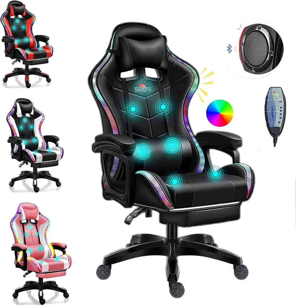 Gaming Chair with Speakers,Led Gaming Chair,Ergonomic Pro Gaming Chair with Full Massage Lumbar Support Bluetooth Speakers Backrest Adjustable/Gaming Chairs for Adults,Black
