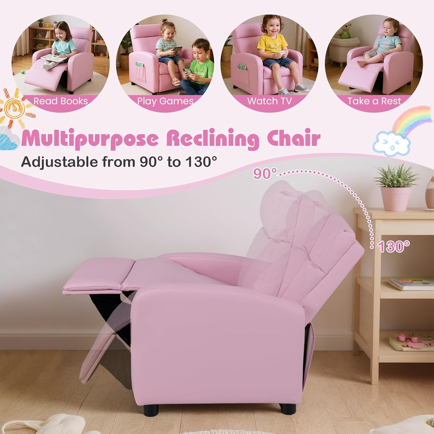 Costzon Kids Recliner, Adjustable PU Leather Lounge Chair w/Side Pockets, Footrest, Headrest for Kids Room&Play Room, Easy to Clean, Padded Pink Recliner Sofa for Children Boys Girls Aged 3-12 (Pink)