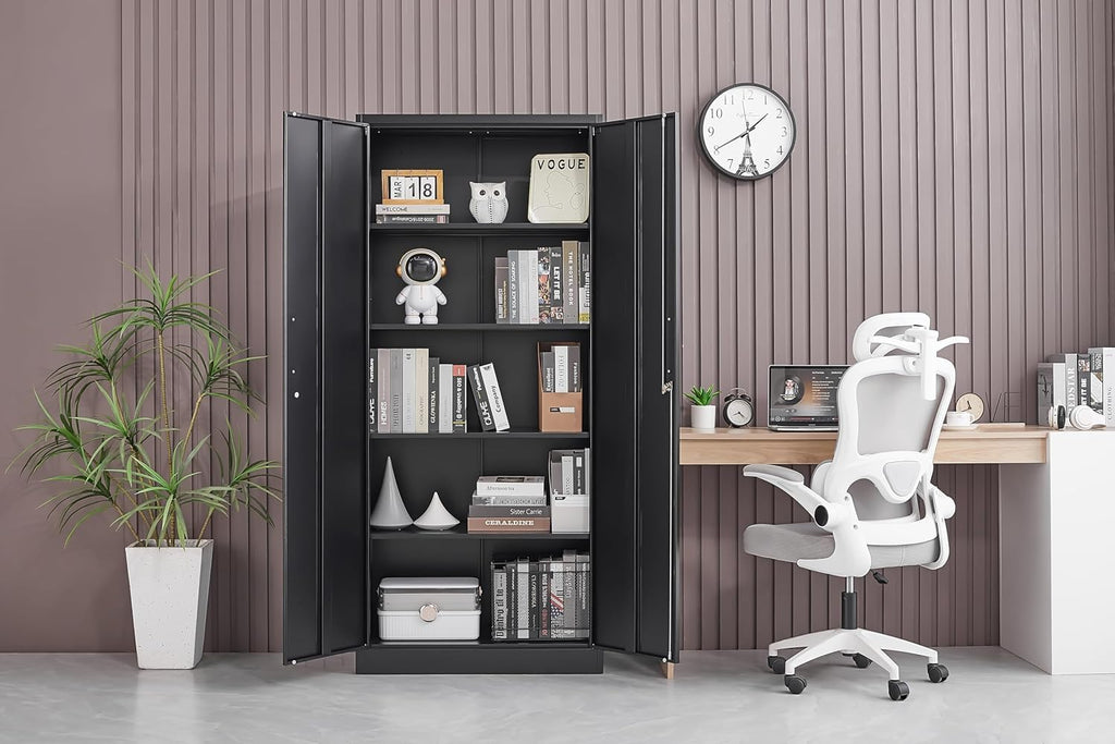 Guizeeopo Metal Storage Cabinet with Adjustable Shelves, Garage Storage Cabinets with Doors and Shelves, File Cabinets for Home Office, Kitchen Pantry Cabinet, 71'H, Black