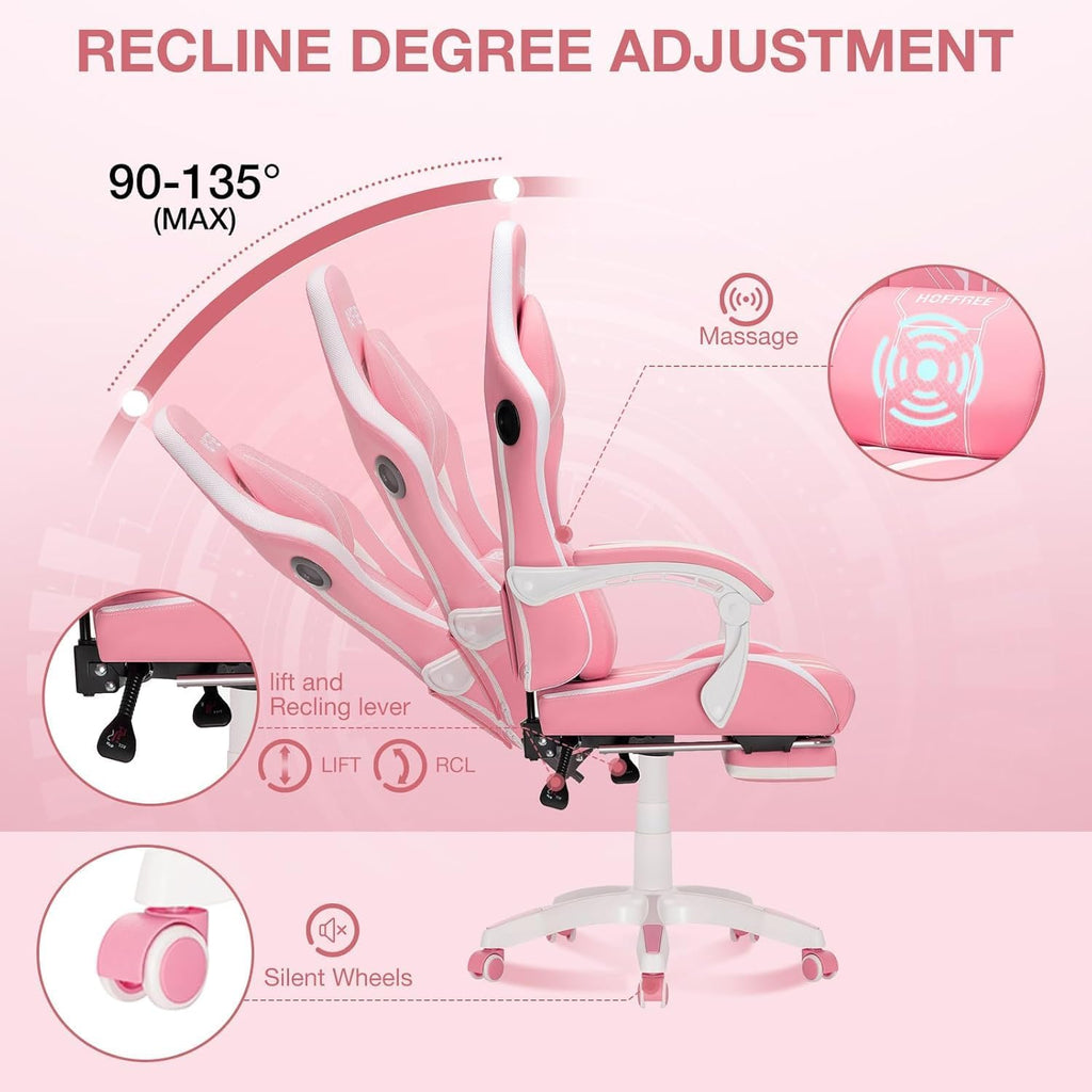 HOFFREE Gaming Chair Massage with Bluetooth Speakers Ergonomic Computer Gaming Chair with LED RGB Lights Footrest High Back Music Video Game Chair with Lumbar Support White and Pink