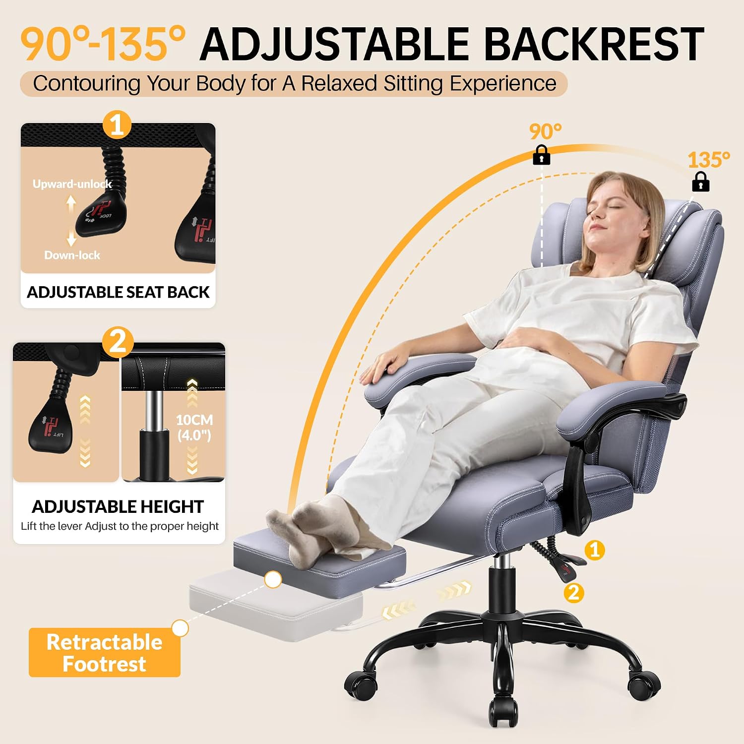 HeroSet Big and Tall Office Chair with Foot Rest, 400lbs Ergonomic Reclining High Back Executive Leather Chair, Lumbar Support Swivel Computer Desk Chairs for Heavy People Home Office Gaming(Gray)