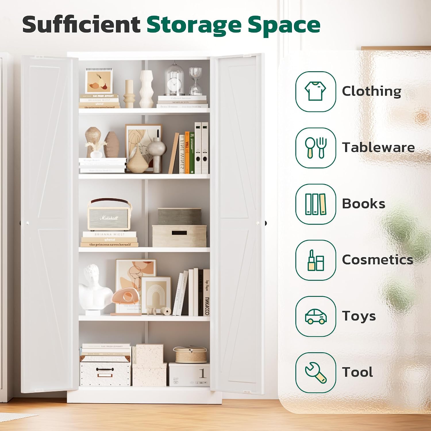 Greenvelly Metal Cabinet, 63' H White Metal Storage Cabinet with Doors and 4 Shelves, Pantry Storage Cabinet for Kitchen, Bedroom, Living Room, Office (Farmhouse)