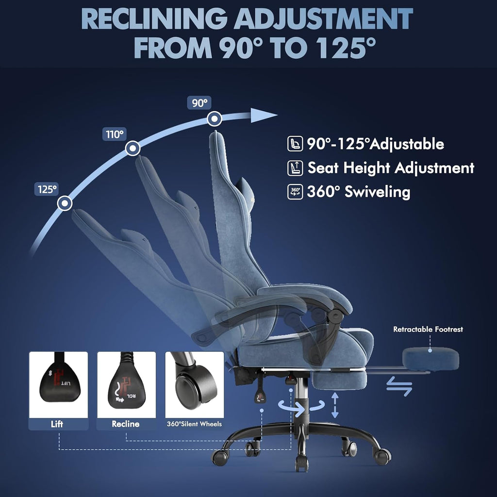 Soontrans Velvet Fabric Gaming Chair with Footrest, Comfortable Video Gamer Chair for Adult, Ergonomic Office Desk Game Computer Chairs with Massage Lumbar Cushion,Headrest