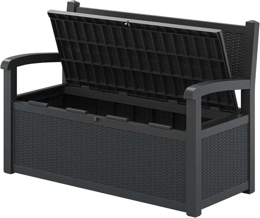70 Gallon Lockable Outdoor Storage Bench with Armrests | Waterproof Resin Deck Box for Porch, Patio, Pool | Easy to Assemble & Clean - Black