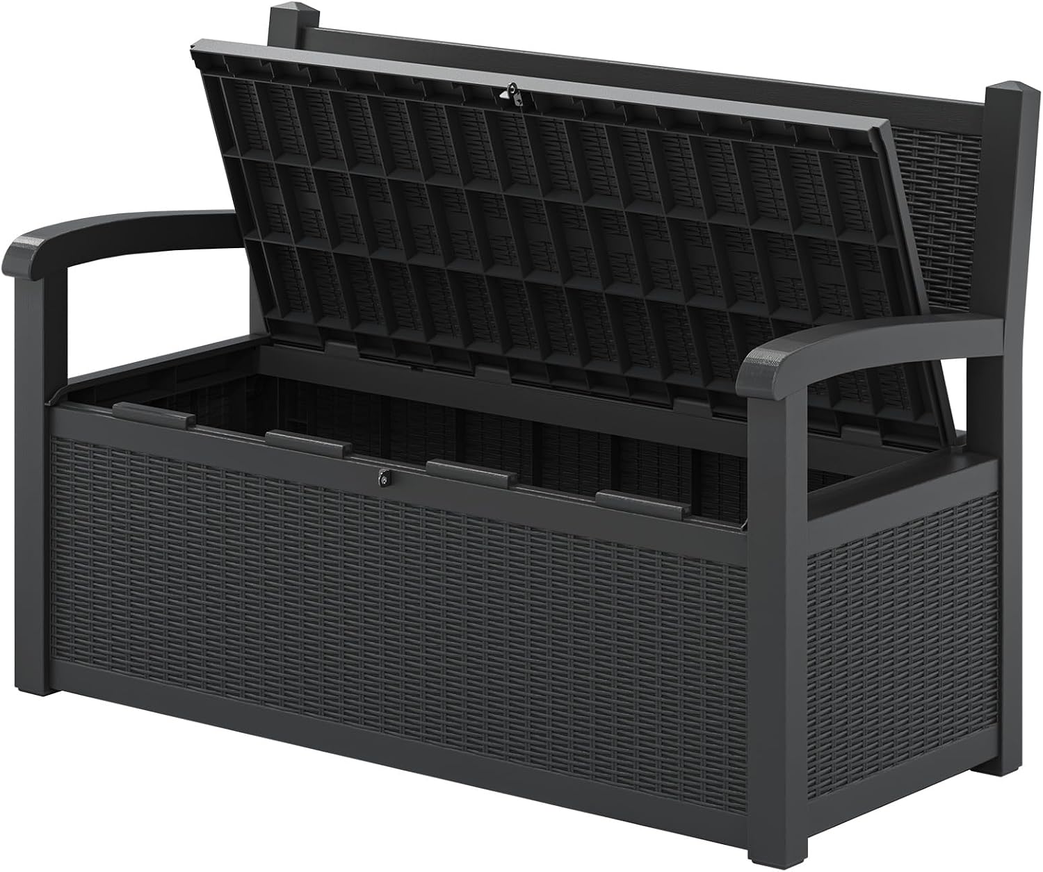 70 Gallon Lockable Outdoor Storage Bench with Armrests | Waterproof Resin Deck Box for Porch, Patio, Pool | Easy to Assemble & Clean - Black
