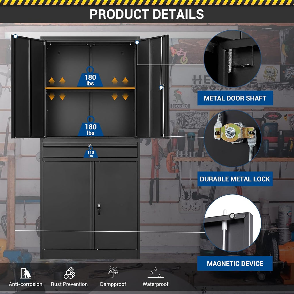 Fesbos 71' Metal Cabinet-Black Heavy Duty Storage File Cabinet Steel Tool Cabinets with Shelves, Lockable Doors and Drawers- for Garage, Pantry, Warehouse - Assembly Required