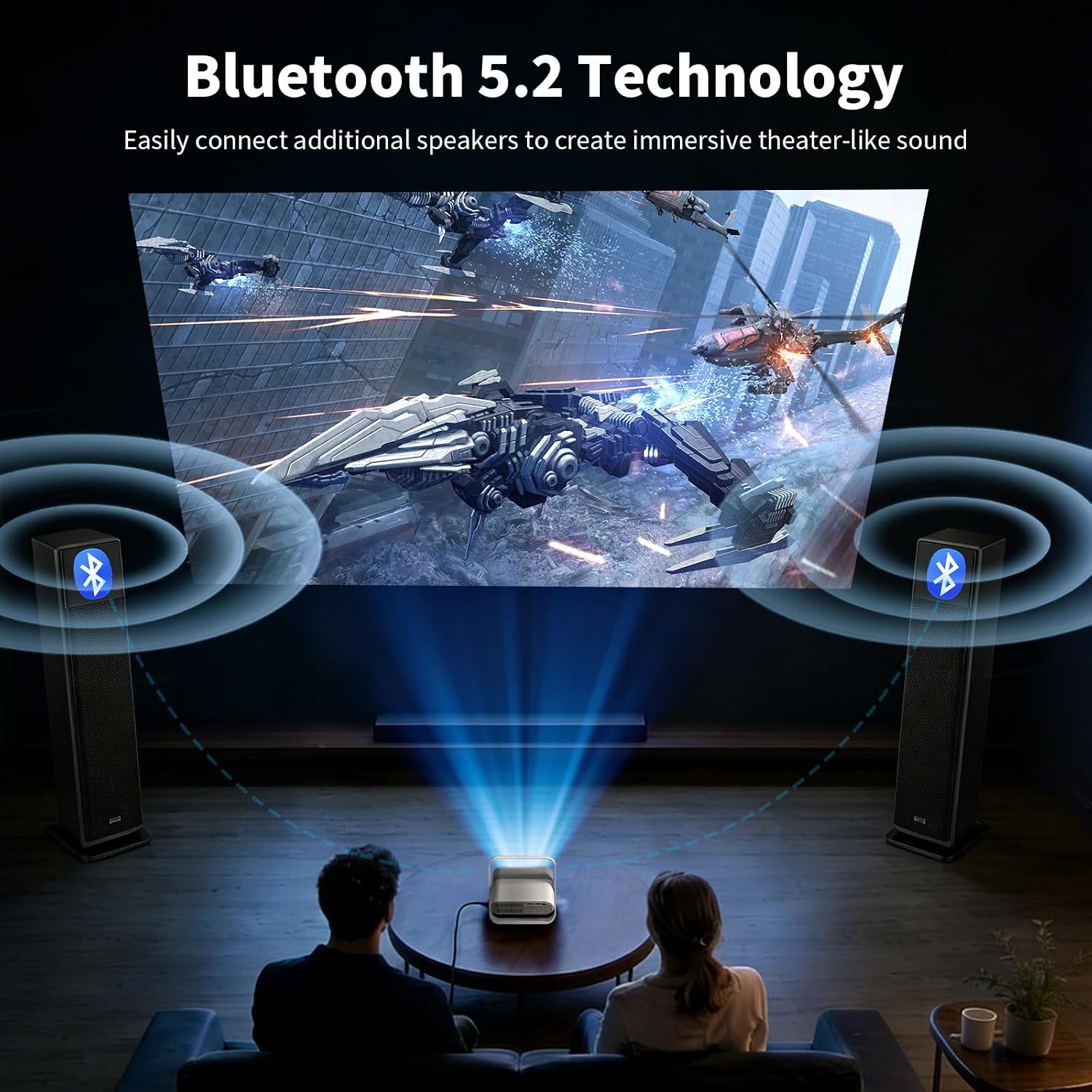 【Native 1080P & Auto Focus】Smart Mini Projector with WiFi and Bluetooth, 500ANSI, Auto Keystone Correction, Compatible with Smartphone, Laptop, HDMI, USB