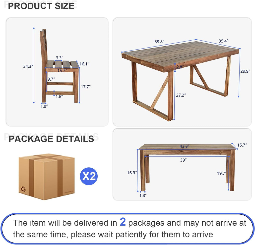 7 Pieces Patio Dining Set for 6, Acacia Wood Outdoor Dining Table and Chairs, All Weather Patio Furniture Set with Bench for Yard Garden Lawn Porch & Poolside