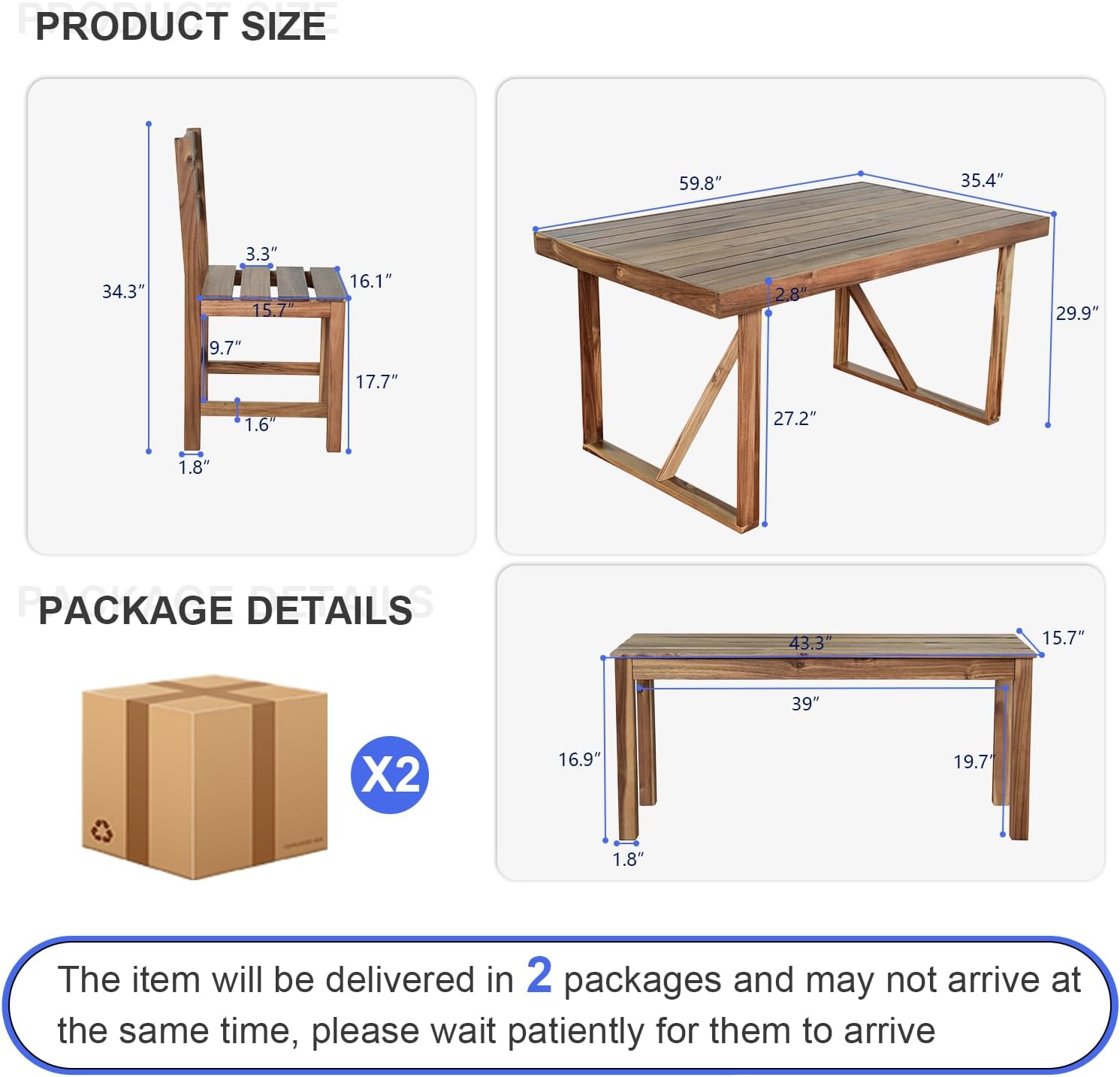 7 Pieces Patio Dining Set for 6, Acacia Wood Outdoor Dining Table and Chairs, All Weather Patio Furniture Set with Bench for Yard Garden Lawn Porch & Poolside