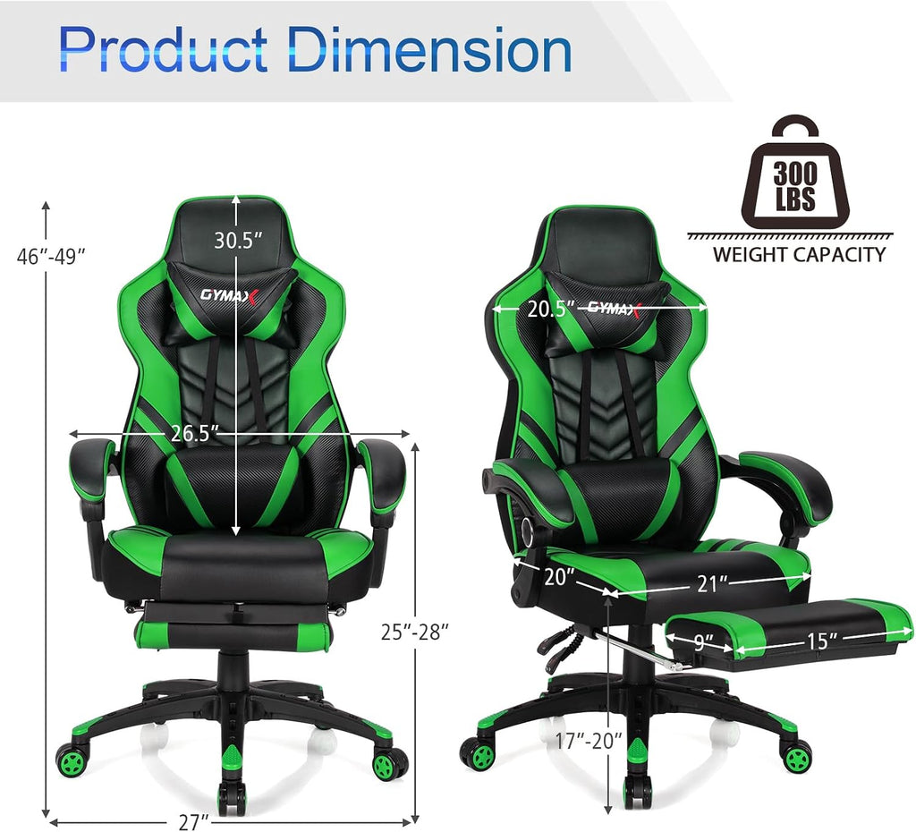 POWERSTONE Gaming Chair Video Game Chair with Footrest and Lumbar Support Racing Style PU Leather Computer Chair Ergonomic Adjustable Swivel Task Chair Green