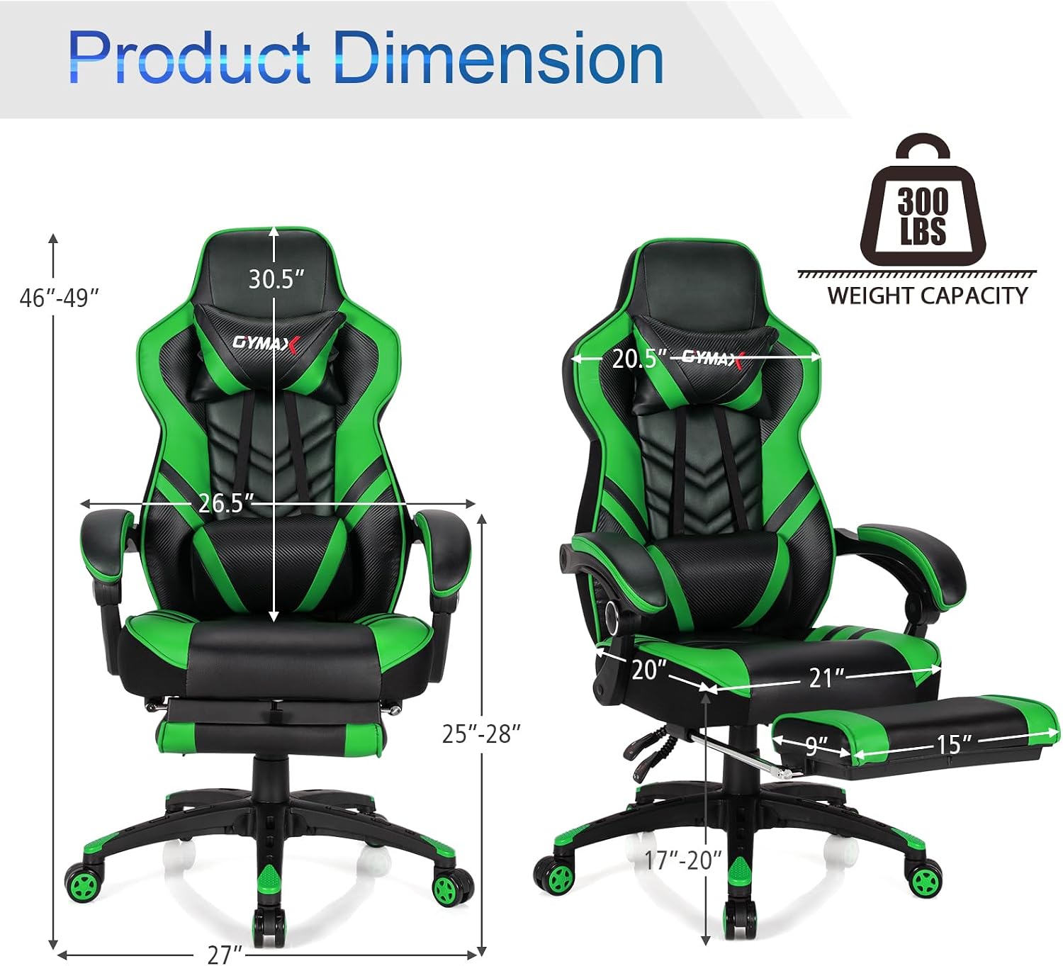POWERSTONE Gaming Chair Video Game Chair with Footrest and Lumbar Support Racing Style PU Leather Computer Chair Ergonomic Adjustable Swivel Task Chair Green