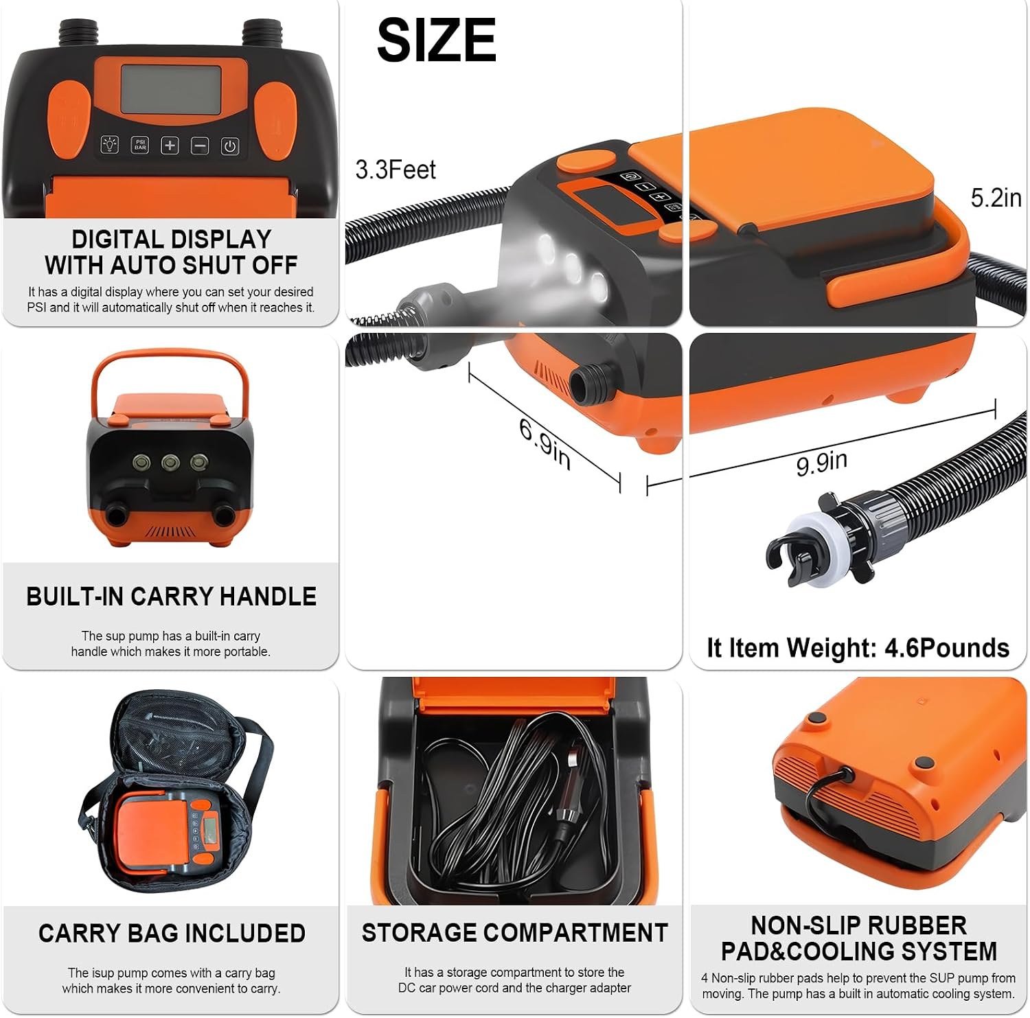 Rechargeable Paddle Board Pump - 16PSI Electric Portable SUP Pump with Battery, Portable Air Pump for Inflatable Tents, Paddle Boards, Kayaks with Inflate and Deflate Function