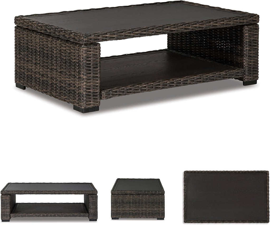 Signature Design by Ashley Grasson Lane Outdoor Wicker Cocktail Table with Aluminum Frame, Brown