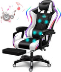 Gaming Chair with Speakers Gamer Chair LED Lights PU Leather Recliner Chair 360°Swivel Function Ergonomic Video Game Chairs with Headrest Armrest Massage Office Chair Computer Chair,White