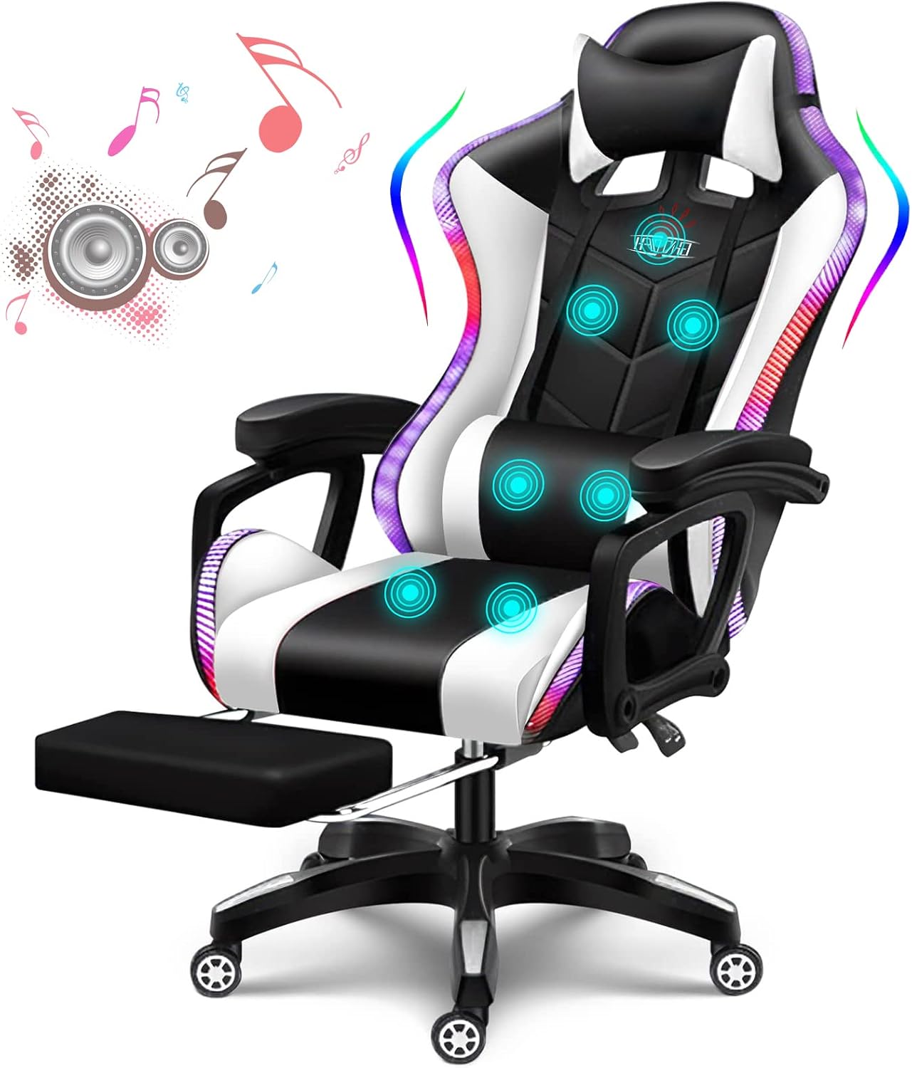 Gaming Chair with Speakers Gamer Chair LED Lights PU Leather Recliner Chair 360°Swivel Function Ergonomic Video Game Chairs with Headrest Armrest Massage Office Chair Computer Chair,White