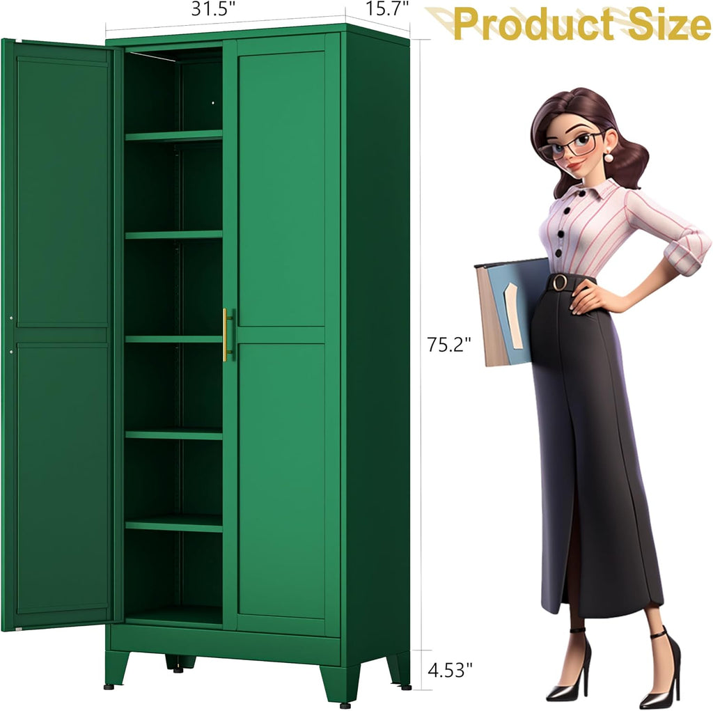 pozdeg 75' Tall Pantry Cabinet, Metal Kitchen Storage Cabinet with 2 Doors and 5 Adjustable Shelves, White Storage Cabinet Cupboard for Kitchen, Dining Room, Living Room and Bathroom (Green)