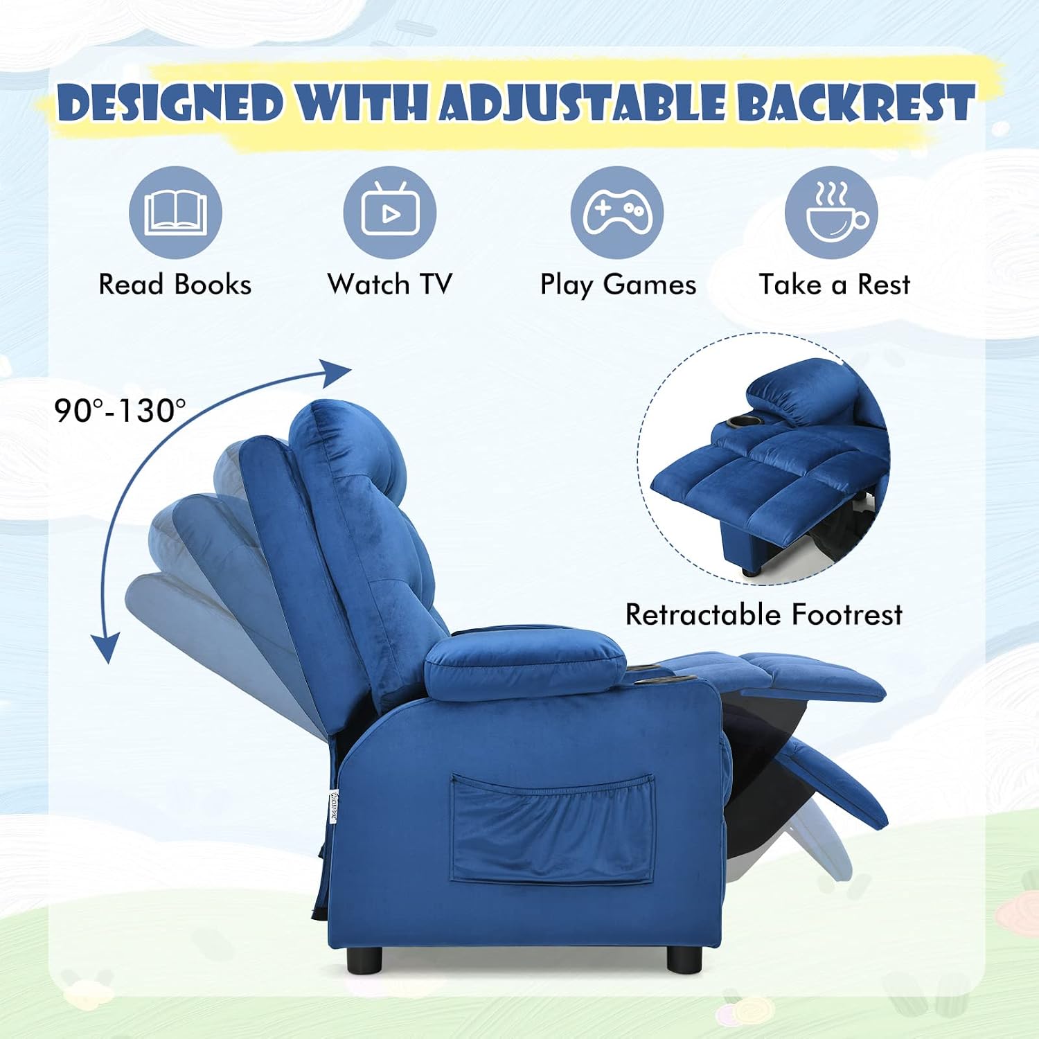 MAT EXPERT Kids Recliner, Velvet Adjustable Reading Chair w/ 2 Cup Holder, 3 Side Pocket Storage & Footrest, Kids Couch Gaming Chair, Toddler Lounge Chair for Boys Girls, Kids Room Playroom (Blue)