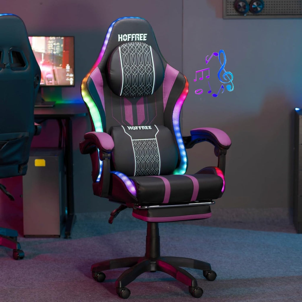 HOFFREE LED Gaming Chair with Speakers and Massage Video Game Chair Big and Tall with Footrest Gamer Chair for 400lbs Computer Desk Chair Purple and Black