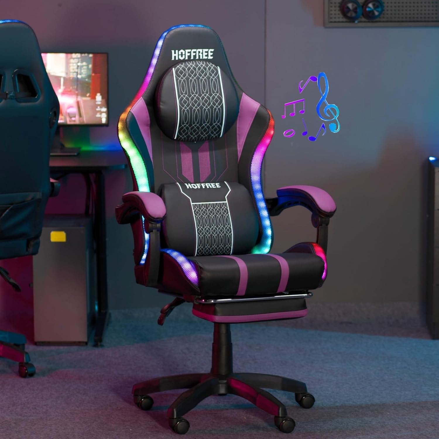HOFFREE LED Gaming Chair with Speakers and Massage Video Game Chair Big and Tall with Footrest Gamer Chair for 400lbs Computer Desk Chair Purple and Black