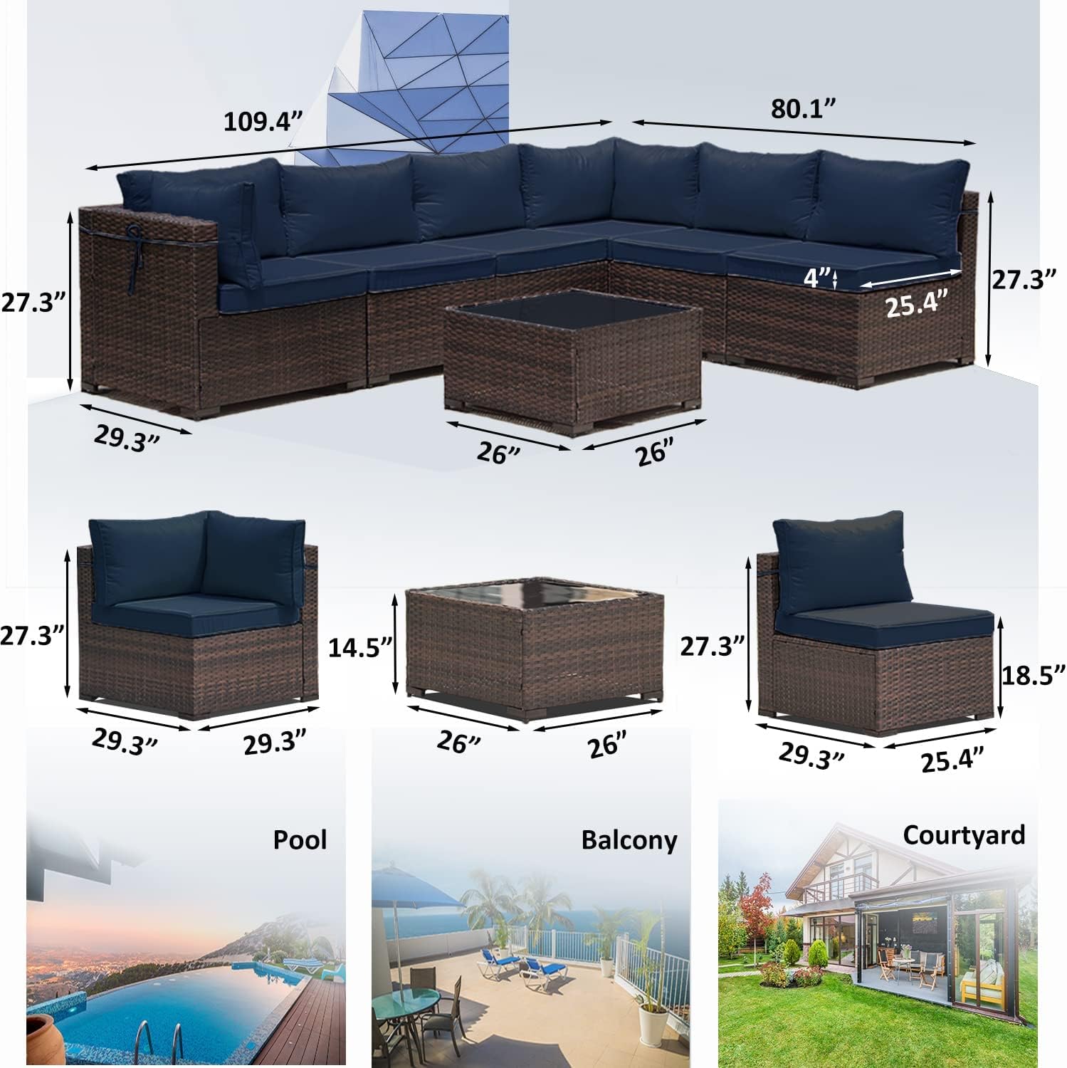 8 Pieces Outdoor Patio Furniture Sets w/55000 BTU Propane Fire Pit Table,Wicker Conversation Sofa,Includes 6 All-Weather High Back PE Rattan Seating Components w/Coffee Table&Gas Fire Pit,Navy
