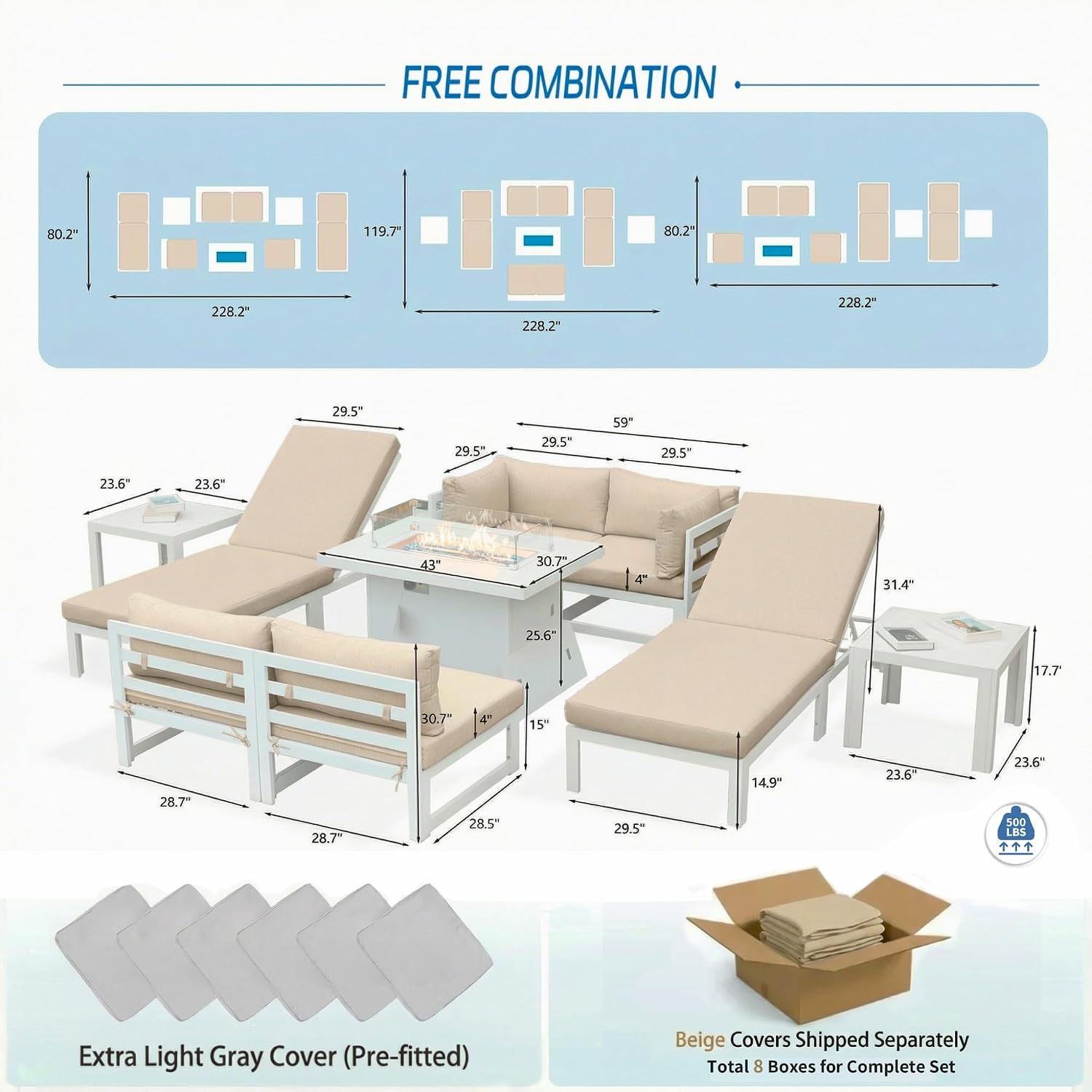 NICESOUL 9 Piece Oversized Modular Aluminum Outdoor Furniture Set with Chaise Lounge, 29' Deep and Wide Sectional Seating, 500 lbs High Weight Capacity Patio Conversation Set for Poolside Deck, Beige