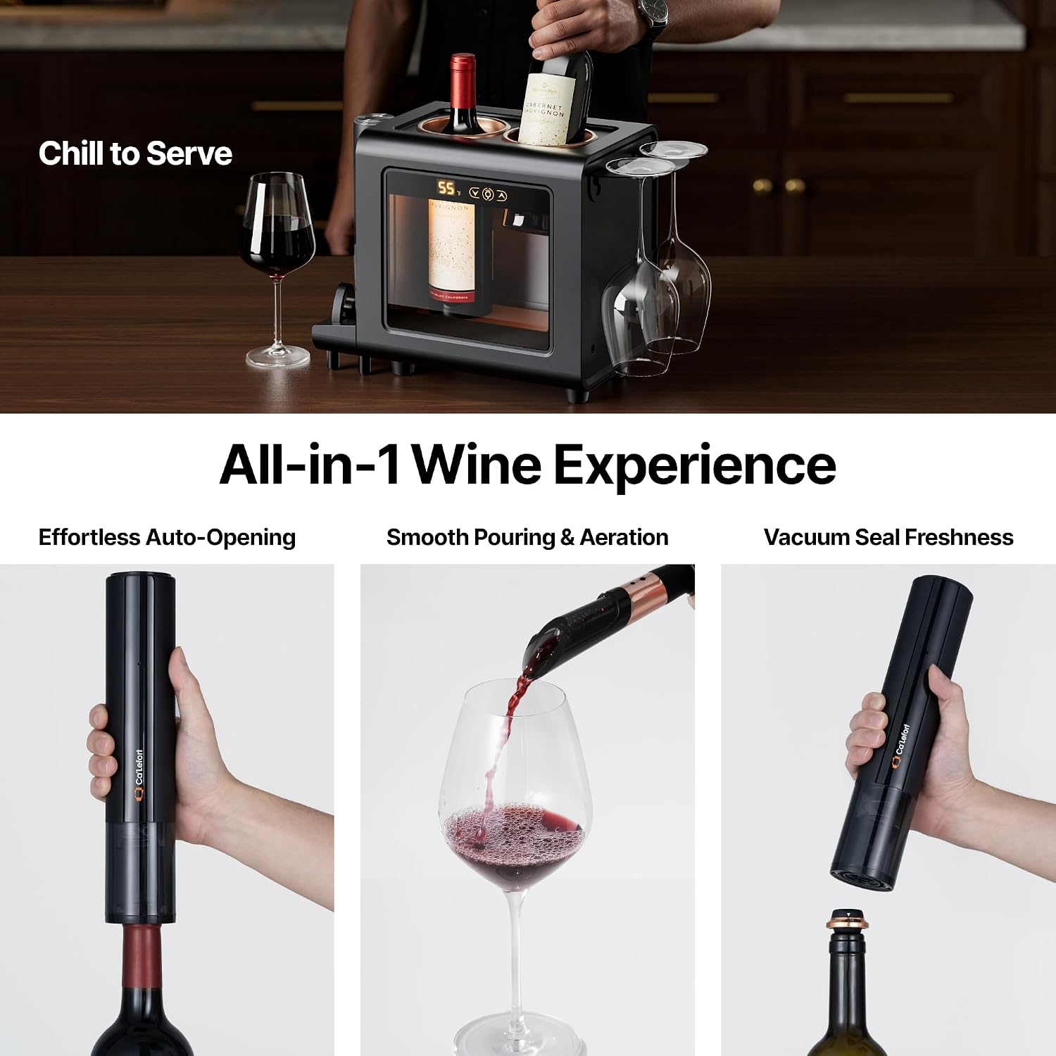 Ca'Lefort Electric Wine Chiller - 46-64°F Wine Cooler for 2 Standard Bottles (3.6' Dia.), All-in-1 Set Electric Opener & 2 Glasses, Perfect for Red, White, Champagne at Home/Office, Gift for Men Women