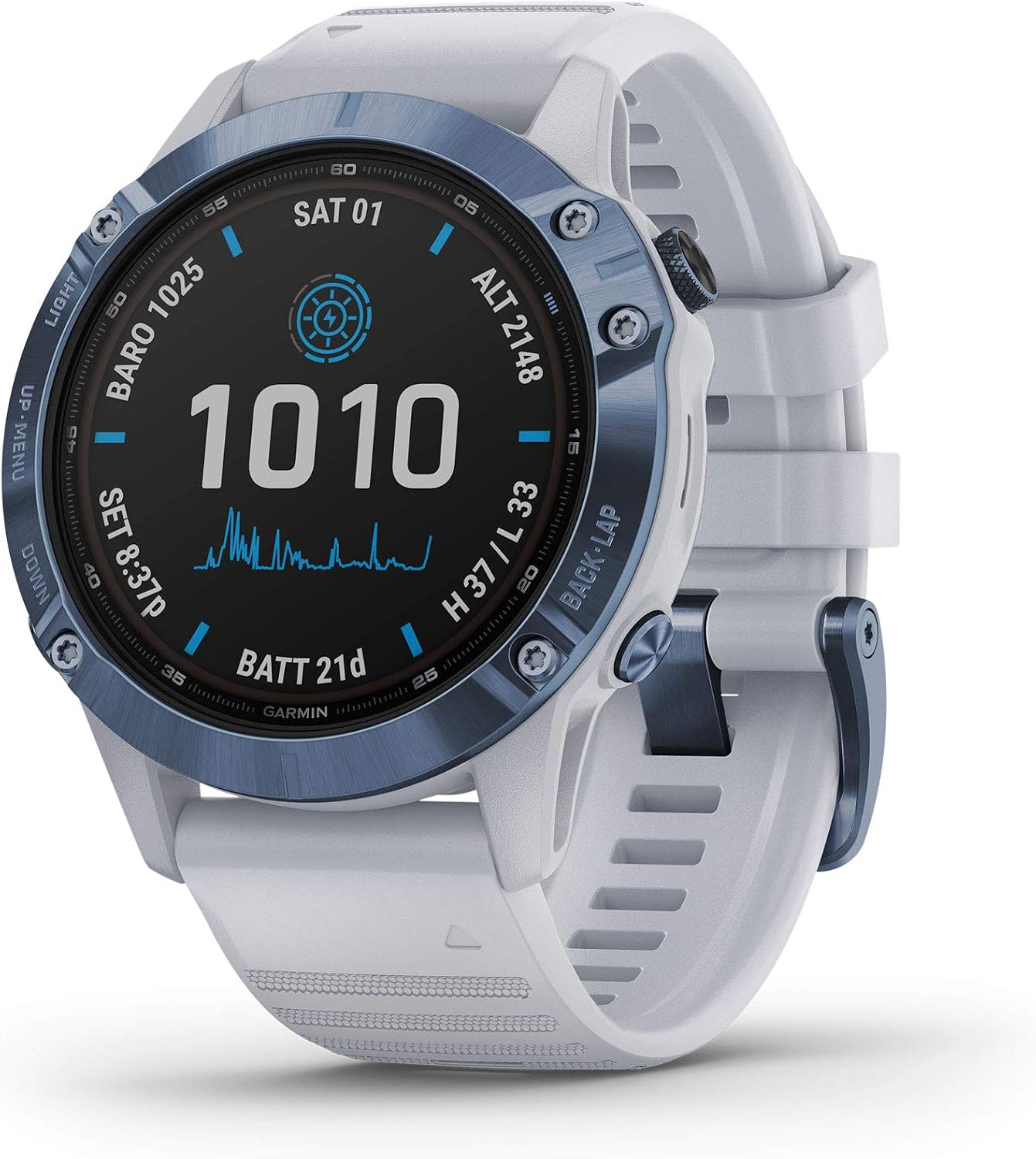 Garmin fenix 6 Pro Solar, Multisport GPS Watch with Solar Charging Capabilities, Advanced Training Features and Data, Mineral Blue with White Band (Renewed)