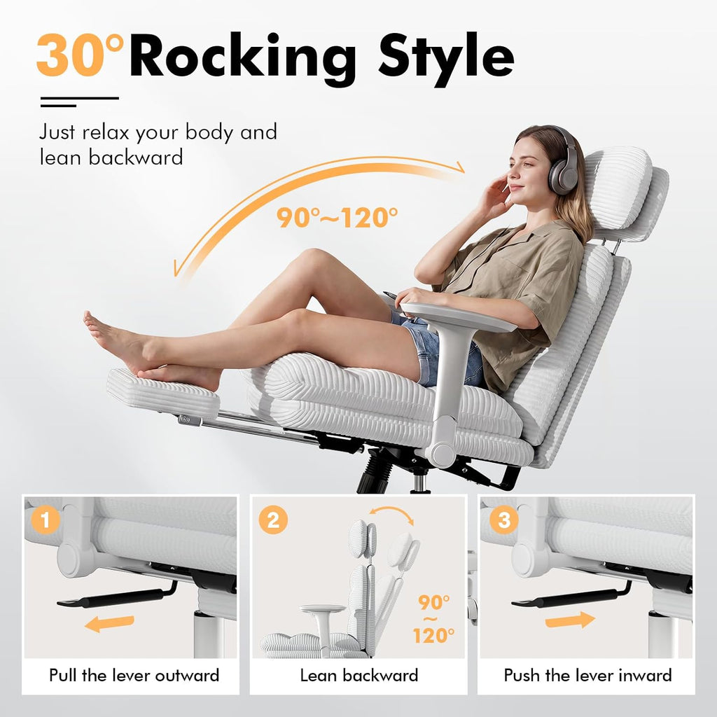 GXJ Criss Cross Chair with Flip-up Arms, Executive Office Chair with Foot Rest, Cross Legged Office Chair G800 Plus, Extra Lumbar Pillow, Corduroy Comfy Computer Desk Chair for Home, White