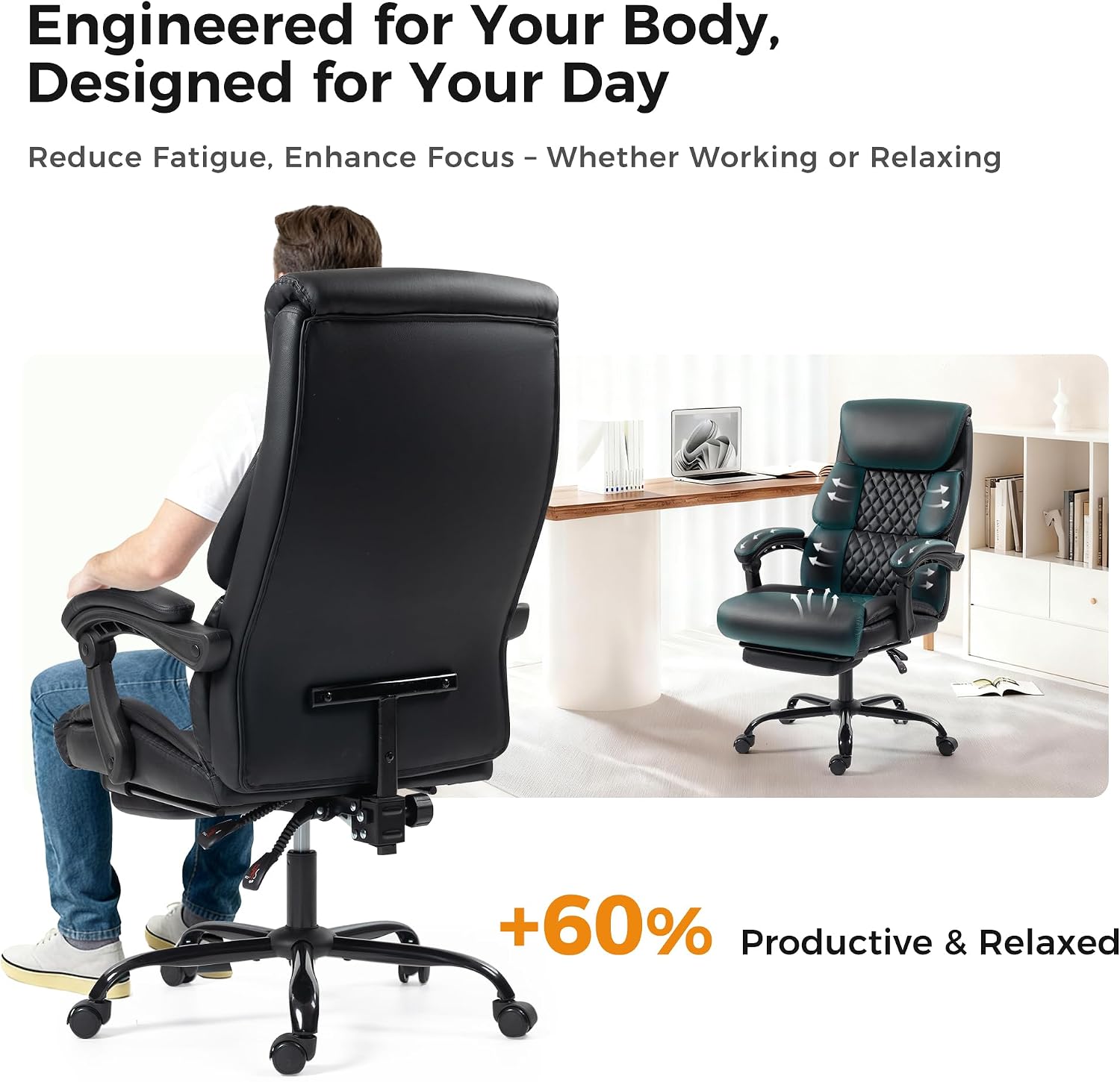 Office Chair, Executive High Back Leather Home Office Desk Chair with Footrest & Lumbar Support - Ergonomic Reclining Comfortable Wide Swivel Rolling Gaming Computer Chair 90-135° Adjustable Tilt Lock