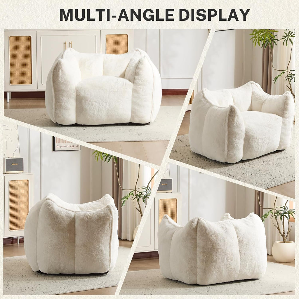 Giant Bean Bag Chair, Comfy Large Bean Bag Chairs for Adults and Kids, Fluffy Faux Rabbit Fur Floor Sofa for Living Room Bedroom Apartment, Beige