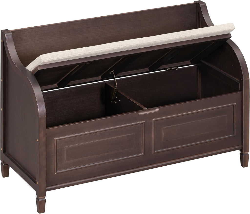 Bellemave Storage Bench with Safety Hinge Wooden Entryway Benches with Shoe Cabinets Under Seat Multifunctional Storage Bench for Entryway, Foyer or a Mudroom (Espresso + Beige)