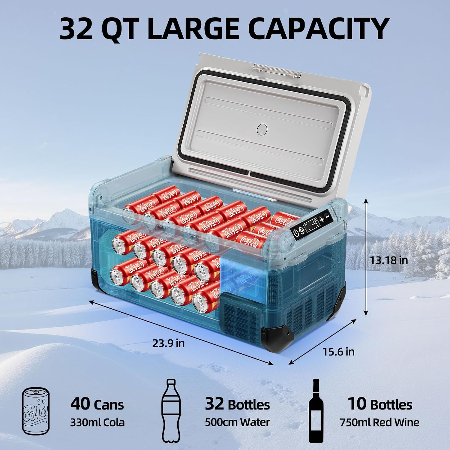 12V Car Refrigerator,32QT Portable Fridge Freezer with Blow Expansion Evaporator,-4℉~68℉ 12/24V DC & 120-240V AC Freezer Cooler for Truck RV SUV Camping Travel，Reversible Door