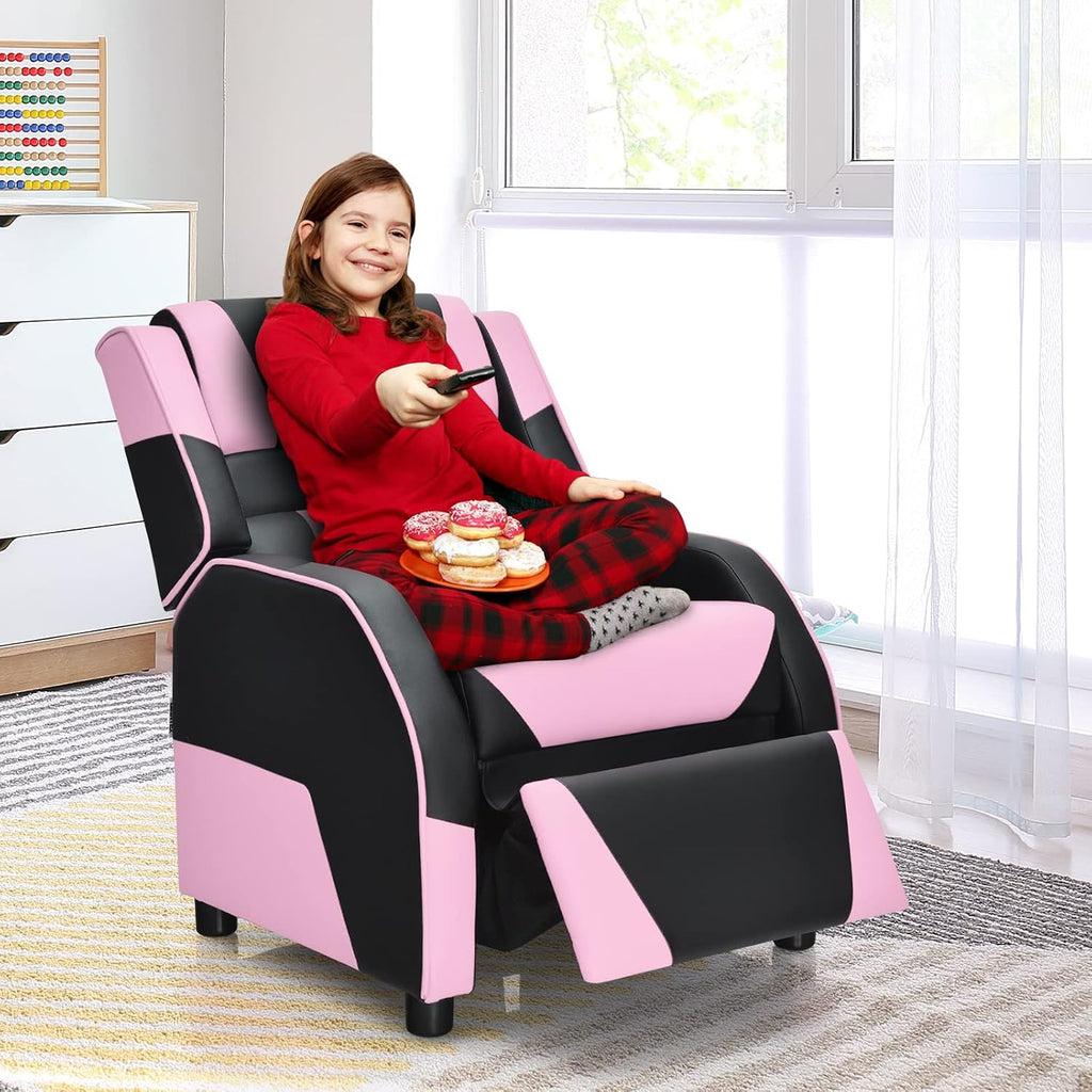 COSTWAY Kids Recliner Sofa, Toddler Leather Recliner with Adjustable Footrest & Headrest, Gaming Reclining Chair for Boys Girls Aged 3 Years Up, Kid-Sized Lounge Chair for Living Room (Pink)