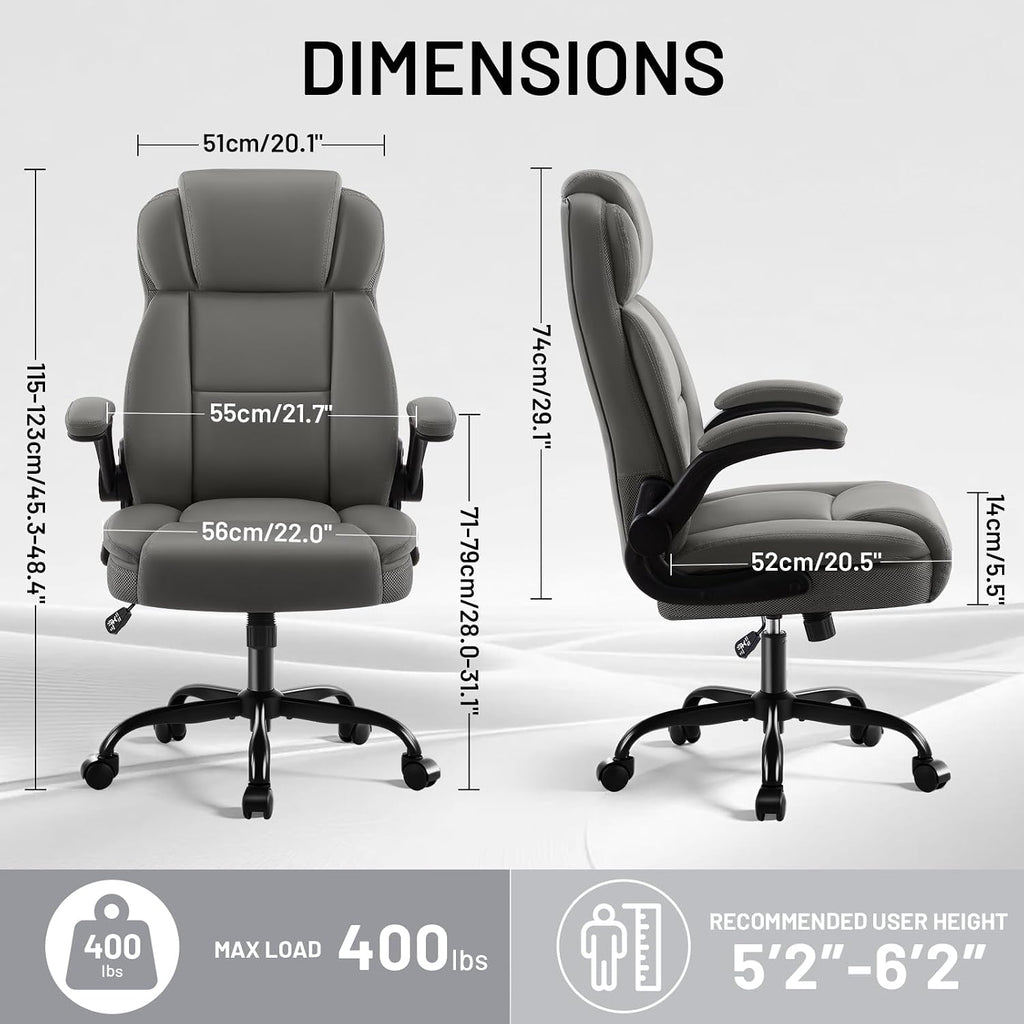 AreShark Ergonomic Office Chair with High Back Headrest,PU Leather Executive Desk Chair Padded Flip-Up Armrests,Lumbar Support,Swivel Computer Chair for Home Office & Gaming,Gray