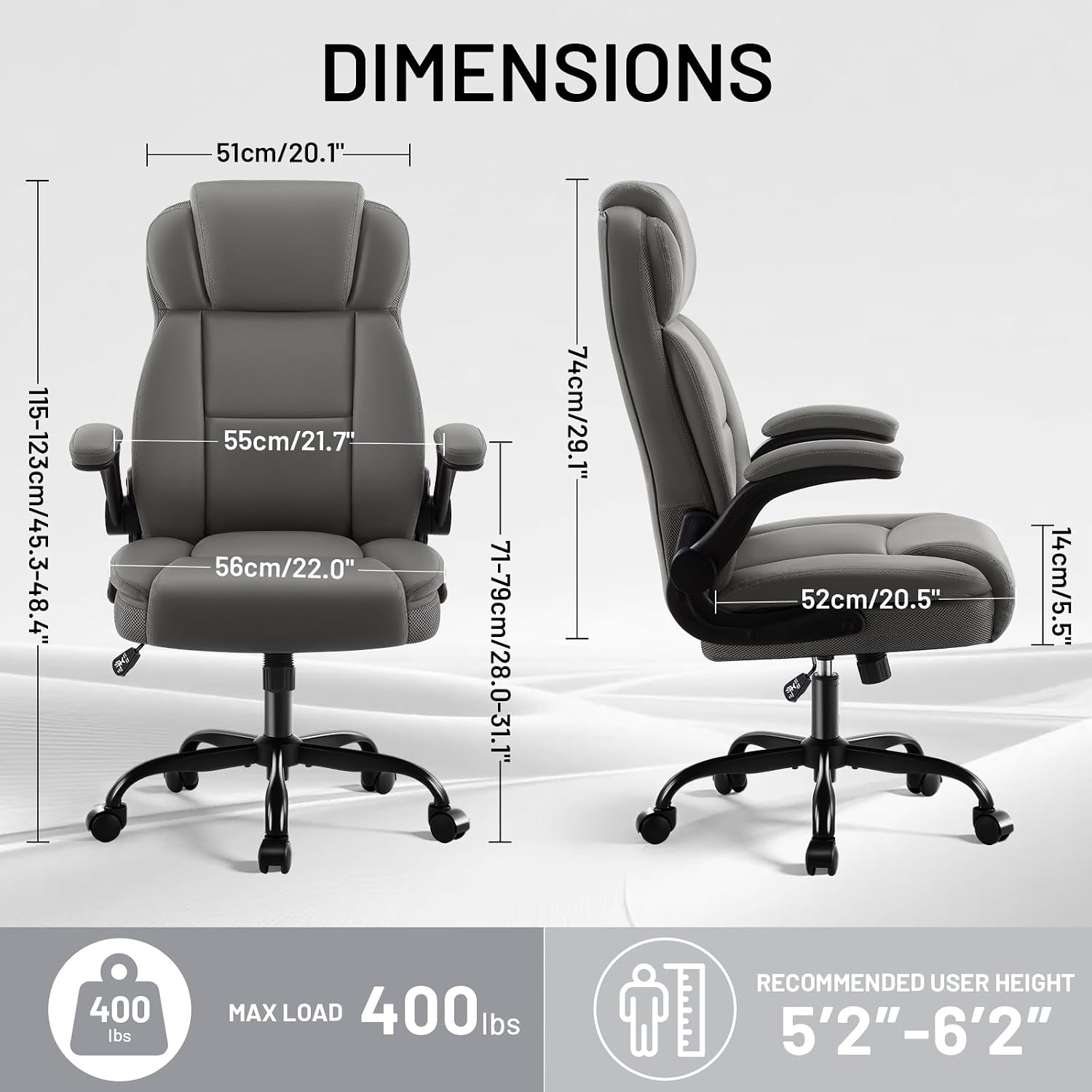 AreShark Ergonomic Office Chair with High Back Headrest,PU Leather Executive Desk Chair Padded Flip-Up Armrests,Lumbar Support,Swivel Computer Chair for Home Office & Gaming,Gray