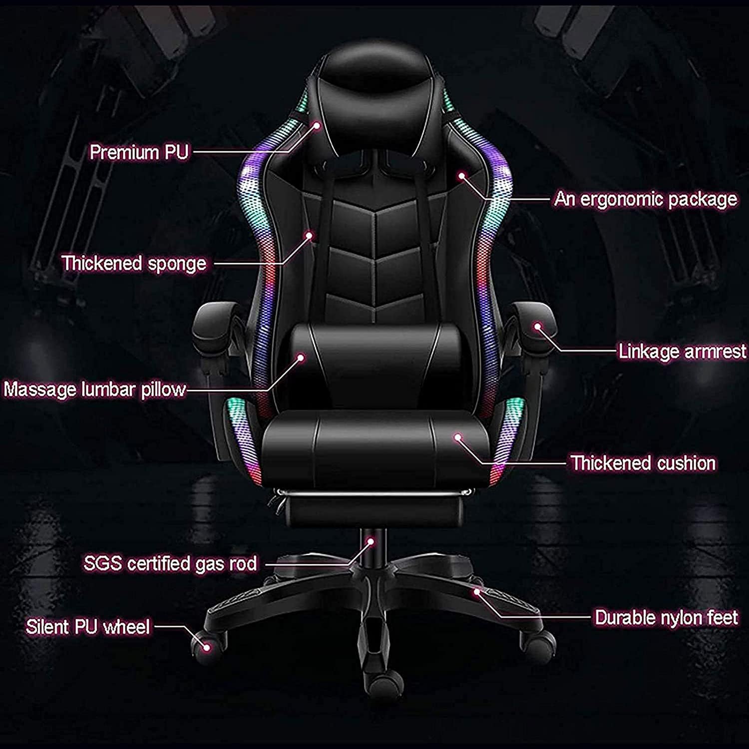 Gaming Chair /Pro Gaming Chair , Full Massager Lumbar Support and Bluetooth Speaker Video Gaming Chairs LED Lights Load-Bearing 150KG,Red