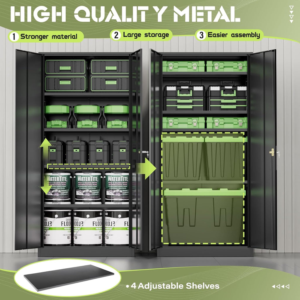 SUNCROWN 72' Metal Storage Cabinet - Heavy-Duty Metal Garage Cabinet with 4 Adjustable Shelves & 2 Doors for Tools, Office, Home, Workshop,Black