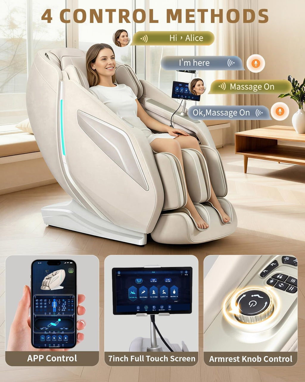Full Body Zero Gravity Massage Chair with Body Scan 4D Intelligent Shiatsu Strecth Massage, Back/Leg Heated with AI Voice Control Bluetooth Speaker Airbags SL Track Massage Beige