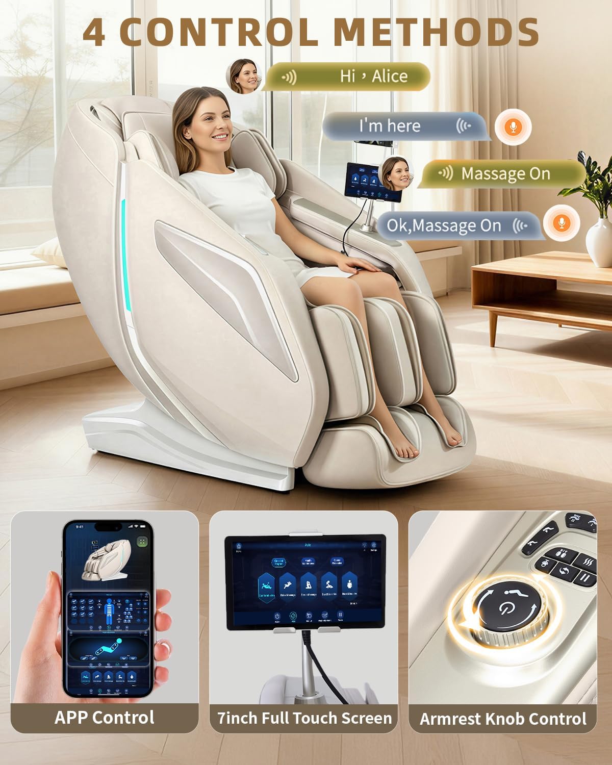 Full Body Zero Gravity Massage Chair with Body Scan 4D Intelligent Shiatsu Strecth Massage, Back/Leg Heated with AI Voice Control Bluetooth Speaker Airbags SL Track Massage Beige