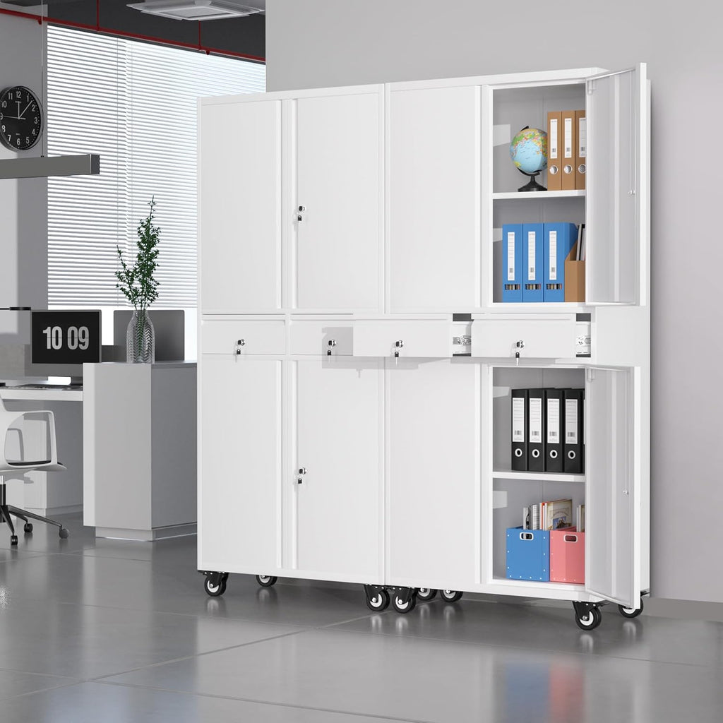 IDEALHOUSE 73'' Metal Storage Cabinet, Heavy Duty Garage Storage with Wheels, Locking Doors and 2 Drawers, Adjustable Shelves for Garage, Workshop, Office, White